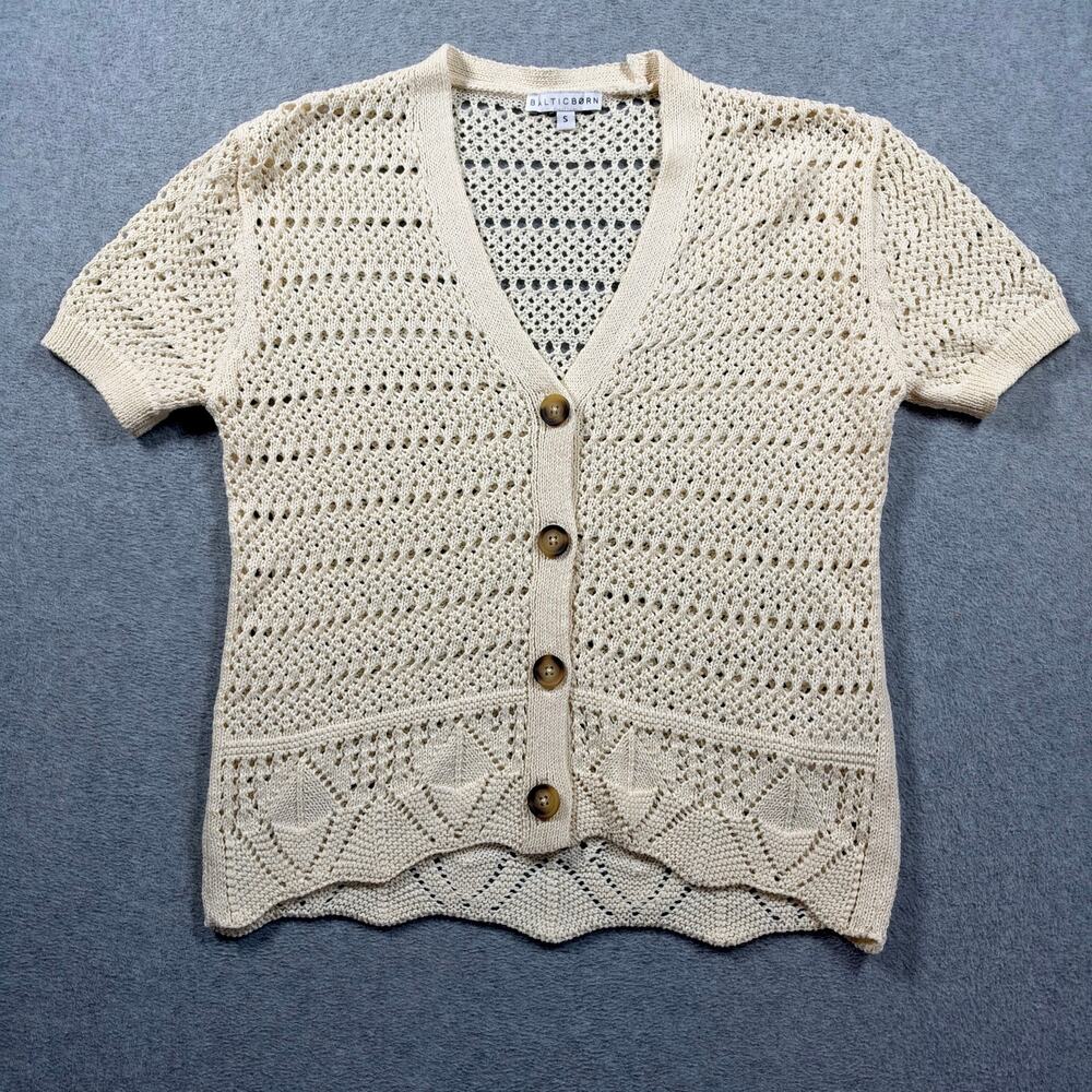 Baltic Born Candela Crochet Cardigan Sweater Women's Small Cream Short Sleeve